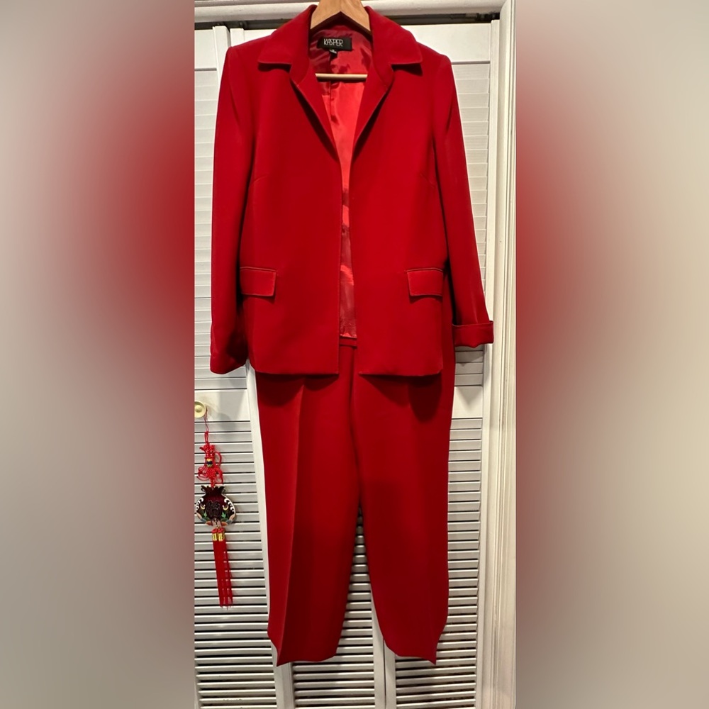Solid Red One Button Jacket Pants Suit By Kasper … - image 1